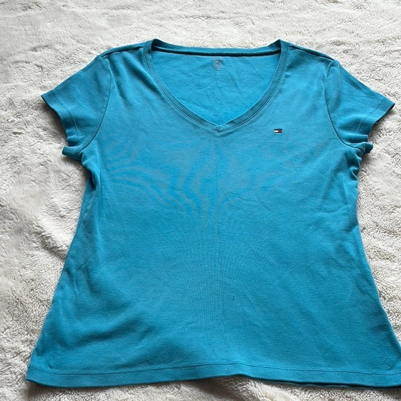 Tommy Hilfiger Blue V-Neck Tee – Size S | 100% Cotton | Bright Hues | - Picture 1 of 5